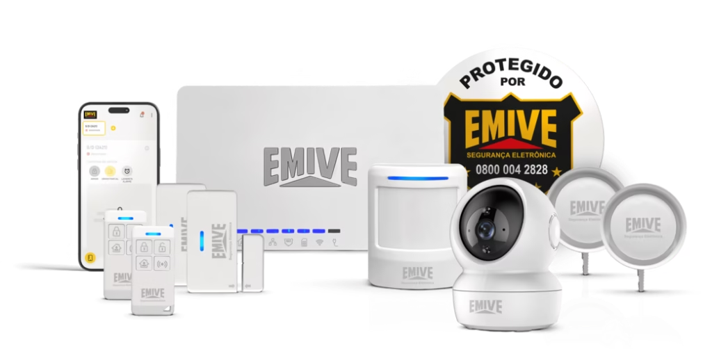 Sistema Smart Emive: aplicativo, central, sensores, controles, câmera e a placa Protegido por Emive
